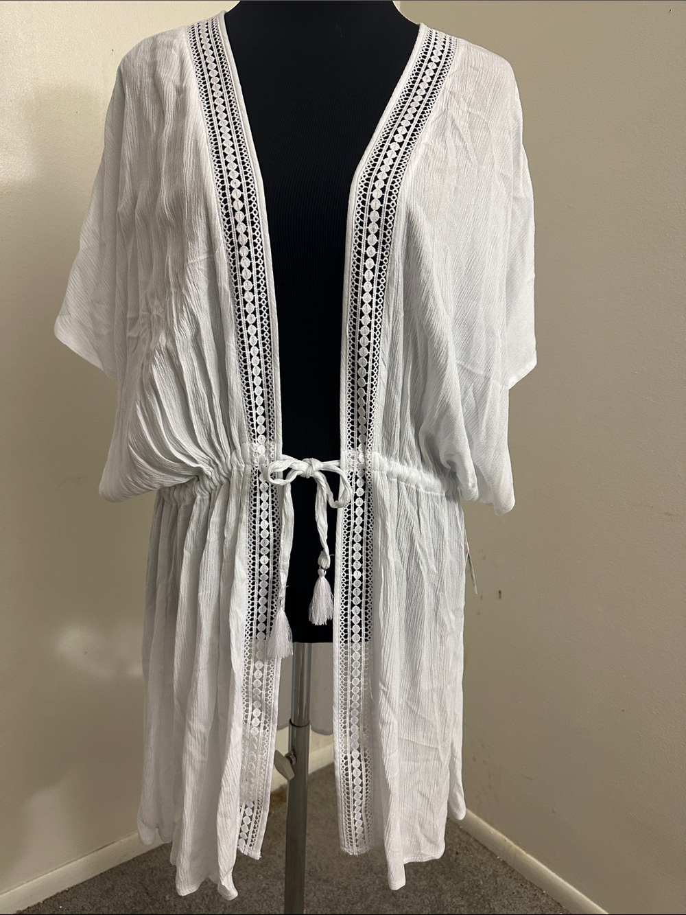 Roxy White Crochet-Trim Kimono cover up
